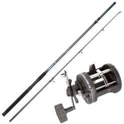 Norwegen Angelset Spro Rute 2,40m & Fladen Multirolle & Schnur Combo Komplett